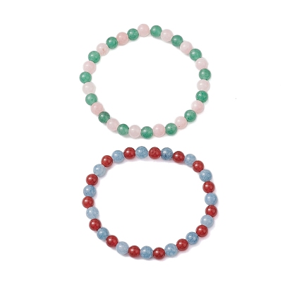 2Pcs 2 Styles 6.5mm Natural Green Aventurine & Dyed White Jade & Quartz & Carnelian Round Beaded Stretch Bracelet Sets, Stackable Bracelets for Women