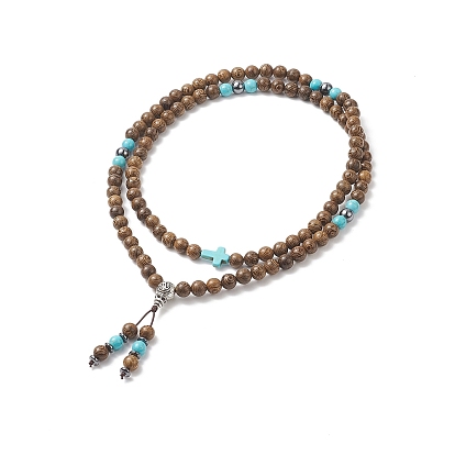 Alloy Gourd Tassel Pendant Necklace, Natural Wood & Synthetic Turquoise Cross Beaded Yoga Necklace for Women