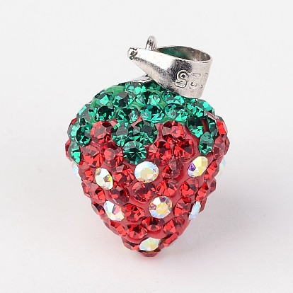 Полимерная глина чешский горный хрусталь подвески, клубника, с 925 стерлингов серебра нахождения, 18x11.5 мм, отверстие : 3x4 мм