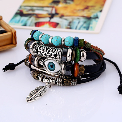 Cowhide Leather Multi-strand Bracelets, Wood & Synthetic Turquoise & Evil Eye Beaded Adjustable Bracelet with Alloy Feather Charms