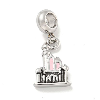 304 Stainless Steel Pink Enamel European Dangle Charms, Castle Large Hole Pendants