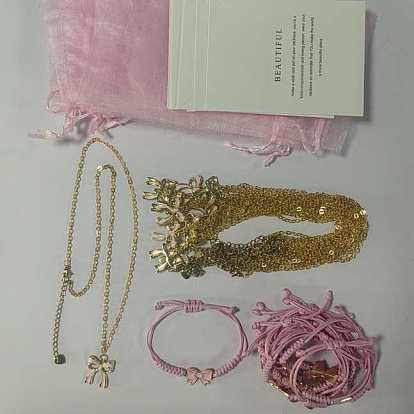 Conjuntos de collares de latón y pulseras de cordón de poliéster encerado, lazo, con colgantes de aleación esmaltada, bolsas de regalo de organza y tarjeta de papel.
