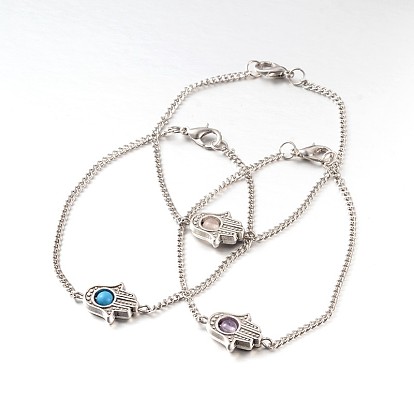 Hamsa Hand/Hand of Fatima/Hand of Miriam Alloy Link Bracelets, with Gemstone Beads & Iron Twisted Chains Curb Chains, 190mm