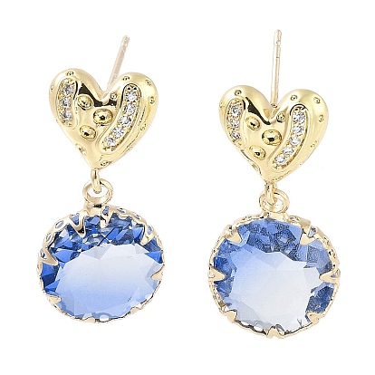 Heart Brass Micro Pave Cubic Zirconia Dangle Stud Earrings, Glass Flat Round Drop Earrings