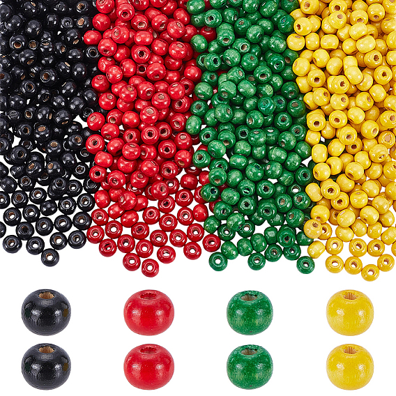 1000pcs 4 perles en bois naturel teintées de couleurs, ronde, sans plomb