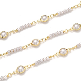 Handmade Brass Chains, with Acrylic Imitation Pearl and Spool, Long-Lasting Plated, Soldered