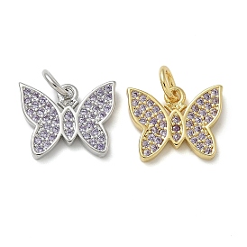 Rack Plating Brass Micro Pave Cubic Zirconia Pendants, Long-Lasting Plated, Lead Free & Cadmium Free, Butterfly Charms, with Jump Ring