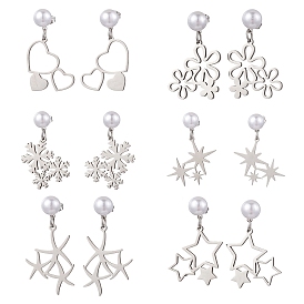 6 пары 6 стили 201 серьги-гвоздики из нержавеющей стали, с 304 серьгами из нержавеющей стали, сердце и цветок и снежинка и звезда