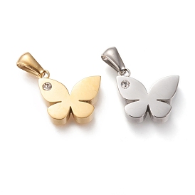 Ion Plating(IP) 304 Stainless Steel Pendants, with Rhinestone, Manual Polishing, Butterfly