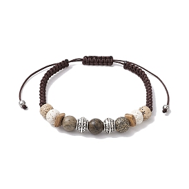 Round Lava Rock & Wood Braided Beads Bracelets, Adjustable Alloy Beads Jewelry for Women