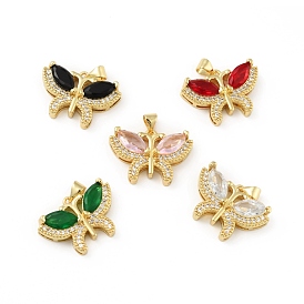 Brass Micro Pave Cubic Zirconia Pendants, Cadmium Free & Lead Free, Long-Lasting Plated, Butterfly, Real 18K Gold Plated
