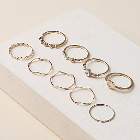 Stylish 9-Piece Set of Personality Diamond-Encrusted Metal Rings by Limei Jewelry