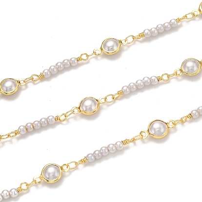 Handmade Brass Chains, with Acrylic Imitation Pearl and Spool, Long-Lasting Plated, Soldered