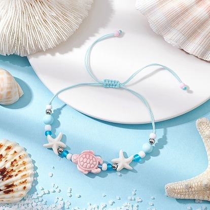 Синтетические бирюзовые бусины плетеные браслеты из бисера, черепаха и морская звезда, с фарфоровыми бусинами ручной работы 