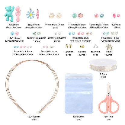 DIY Colorful Bead & Pendant Kid Jewelry Set Making Kit, Including Opaque Acrylic & Resin Beads & Pendants,  Iron Hair Band Findings, Plastic & 304 Stainless Steel Findings, Thread, Scissors
