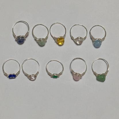 10Pcs Copper Wire Wrapped Natural & Synthetic Gemstone Finger Rings