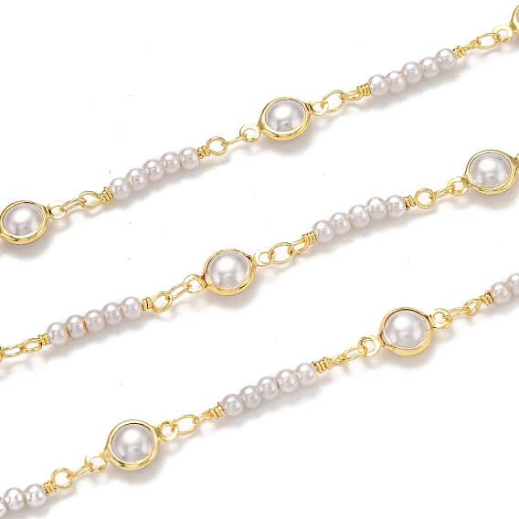 Handmade Brass Chains, with Acrylic Imitation Pearl and Spool, Long-Lasting Plated, Soldered