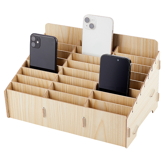 24-Grid Wooden Cell Phone Storage Box, Mobile Phone Holder, Desktop Organizer Storage Box for Classroom Office