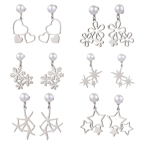 6 пары 6 стили 201 серьги-гвоздики из нержавеющей стали, с 304 серьгами из нержавеющей стали, сердце и цветок и снежинка и звезда