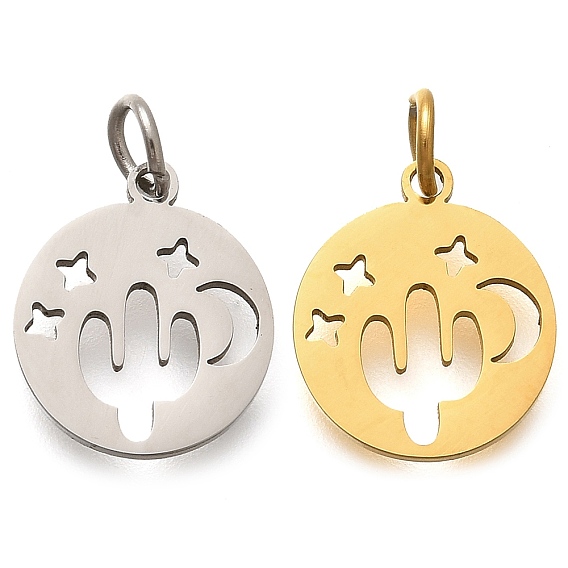 304 прелести нержавеющей стали, с целью перехода в кольце, плоский круглый с подвеской в виде кактуса, звезды и луны, лазерная резка, ионное покрытие (ip)