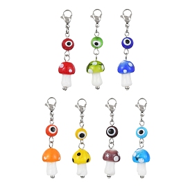 Handmade Evil Eye & Mushroom Lampwork Pendant Decorations, with 304 Stainless Steel Lobster Claw Clasps