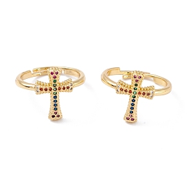 Adjustable Brass Micro Pave Cubic Zirconia Rings, Long-Lasting Plated, Cross, Colorful