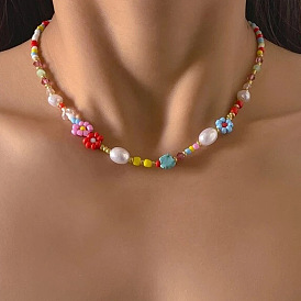 Rainbow Flower Necklace for Women, Vintage Beaded Choker with Lock Pendant