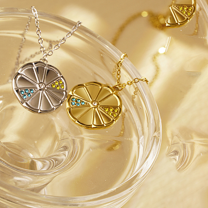 Элегантные плоские круглые оранжевые ожерелья с подвеской из нержавеющей стали и стразами для женщин, идеально подходит для повседневной носки