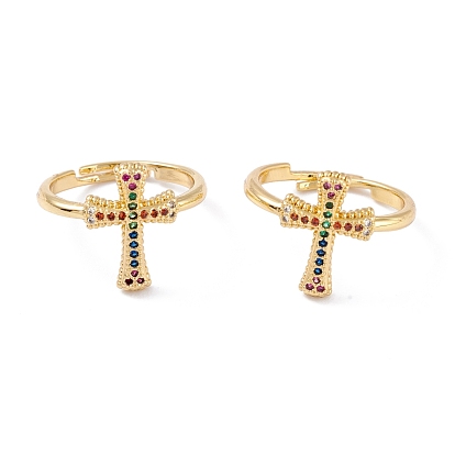Adjustable Brass Micro Pave Cubic Zirconia Rings, Long-Lasting Plated, Cross, Colorful
