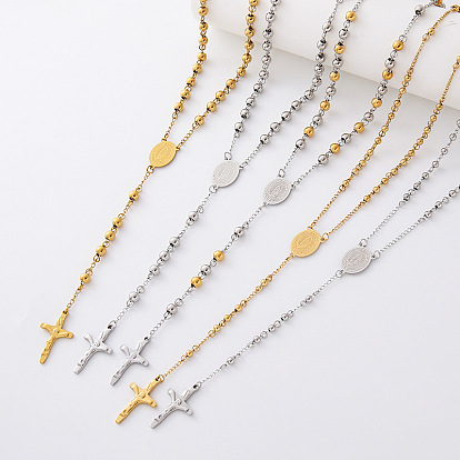 Colliers chapelet vintage en acier inoxydable à perles rondes, Colliers pendentifs croix vierge pour femmes