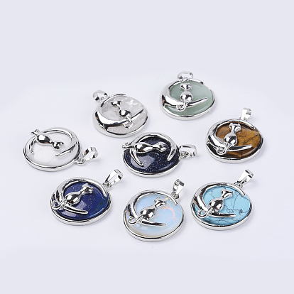 Natural & Synthetic Mixed StoneKitten Pendants, with Platinum Tone Brass Findings, Flat Round with Cat & Crescent Moon Shape