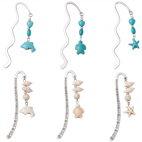 6 шт. 6 стили волнистые закладки из цинкового сплава, Подвеска-закладка из синтетических бирюзовых бусин в виде морской звезды, дельфина, черепахи
