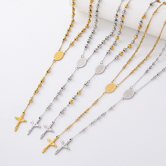 Vintage 304 Stainless Steel Round Rosary Bead Necklaces, Religion Cross Virgin Pendant Necklaces for Women