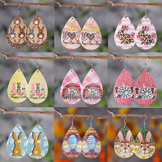 Кожзаменитель болтаться серьги, Каплевидная форма с узором в виде кролика/яйца, платина