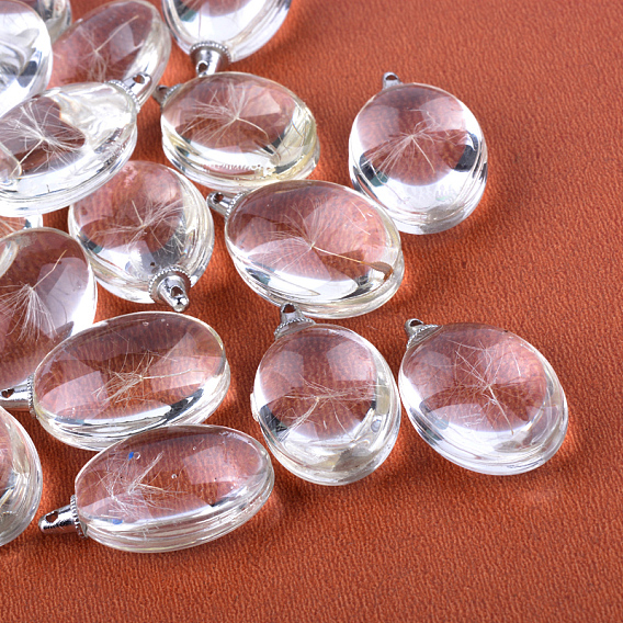Flat Oval Alloy Glass Pendants, Cadmium Free & Lead Free, with Dried Dandelion Inside, For Dandelion Wish Necklaces Making