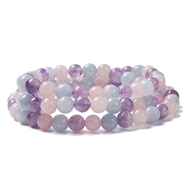 Natural Gemstone Beads Stretch Wrap Bracelets, Three Loops, Round
