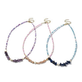3Pcs 3 Style Dyed Natural Mixed Gemstone Chips & Shell Heart & Pearl Beaded Necklaces Set