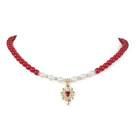 Ожерелье из латуни с кубическим цирконием в форме сердца, с окрашенным натуральным малайзийским нефритом и жемчугом-ракушкой, украшенным бисером