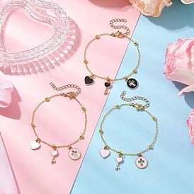 3шт 3 цвета латунные плоские овальные кабельные цепные браслеты, сплав эмали подвески браслеты с подвесками для женщин, сердце и ключ и плоский круг с крестом