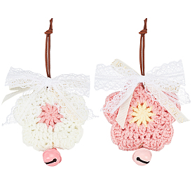 2Pcs 2 Colors Crochet Flower Bowknot Iron Bell Hanging Pendant Decorations, for Auto Rear View Mirror and Car Interior Hanging Accessories