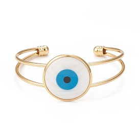 Rack Plating Brass Cuff Bangles, Evil Eye Shell Bangles for Women, Real 18K Gold Plated, Long-Lasting Plated, Cadmium Free & Lead Free