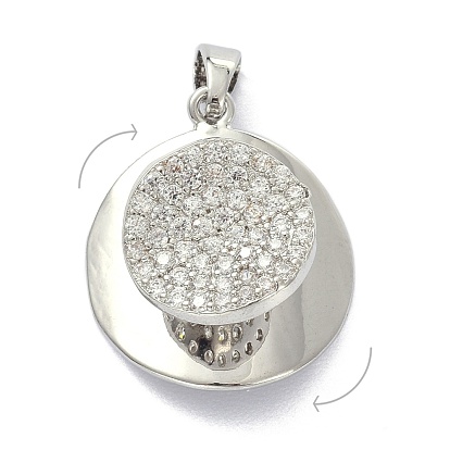 Brass Micro Pave Clear Cubic Zirconia Pendants, Rotatable, Flat Round