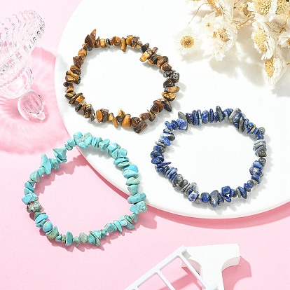 3 pcs 3 style naturel et synthétique pierres précieuses mélangées chips perles bracelets extensibles ensemble pour les femmes