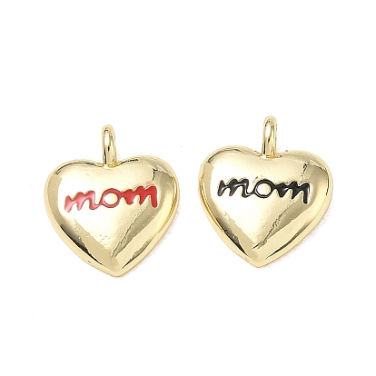 Mother's Day Brass Enamel Pendants, Heart with Word Mom Charms, Cadmium Free & Lead Free, Rack Plating, Long-Lasting Plated, Real 18K Gold Plated