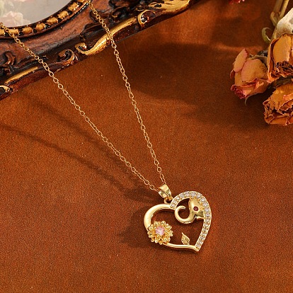 Brass Pave Cubic Zirconia Heart Tassel Long Pendant 304 Stainless Steel Cable Chain Necklaces for Women