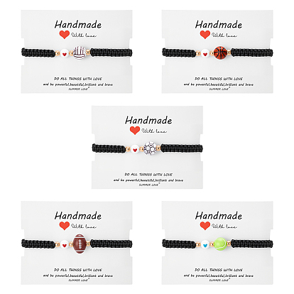 5 шт. 5 стили спортивные тематические браслеты из плетеных бусин из акрила и сплава, регулируемые браслеты из вощеной нити