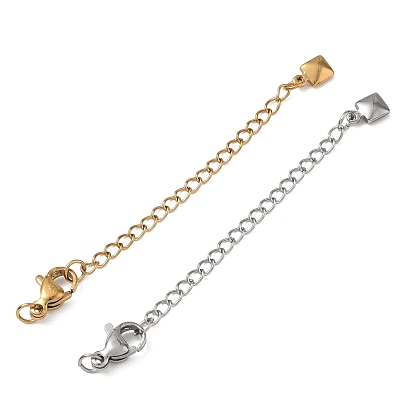 304 Stainless Steel Curb Chain Extender, End Chains with Lobster Claw Clasps & Square Charms