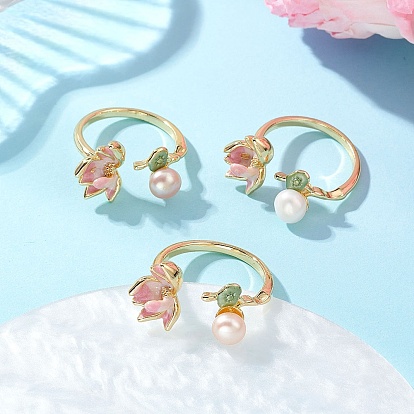 3шт. 3 цвета лотос латунные эмалированные кольца-манжеты, с натуральными культивированными пресноводными жемчужными бусинами высшего сорта 3а, реальный 18 k позолоченный