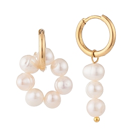 Natural Pearl Beads Dangle Hoop Earrings, Beaded Ring & Tassel Drop Asymmetrical Earrings for Girl Women, Golden