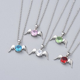 Brass Cubic Zirconia Pendant Necklaces, with 304 Stainless Steel Cable Chains and Lobster Claw Clasps, Angel Wings